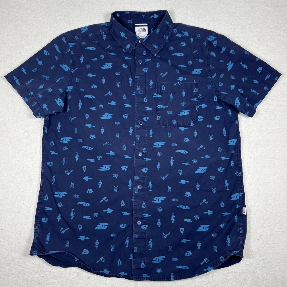 The North Face Shirt Mens Large Blue Camping Graphic‎ Short Sleeve Button Up - Picture 2 of 8